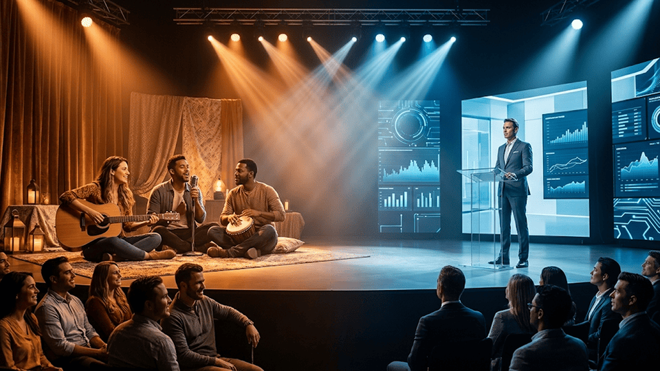 Stage lit in warm amber transitioning to cool blue mid-show