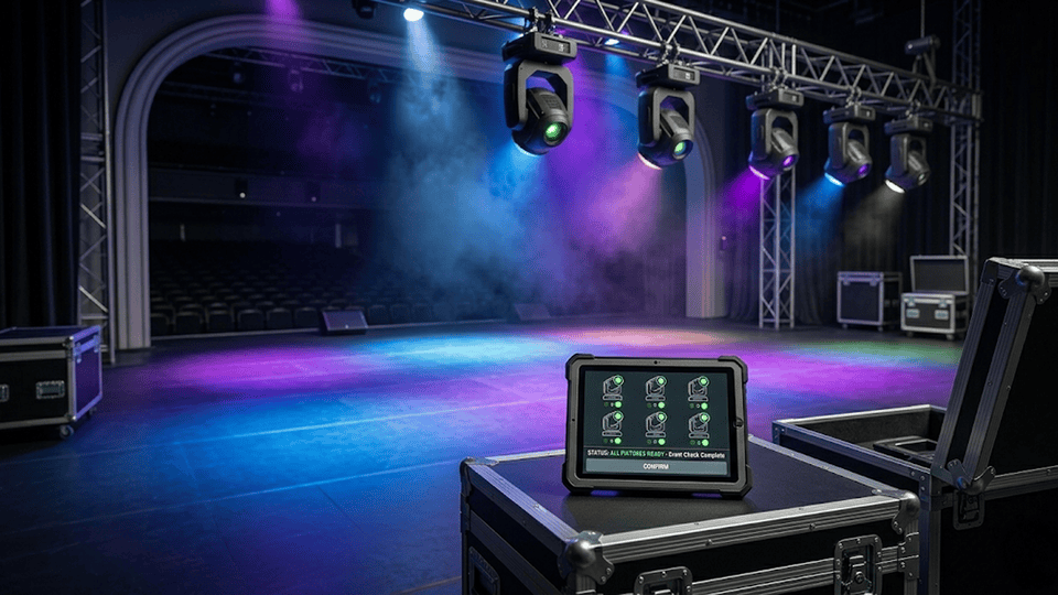 Technician cleaning and inspecting a moving head fixture before a show