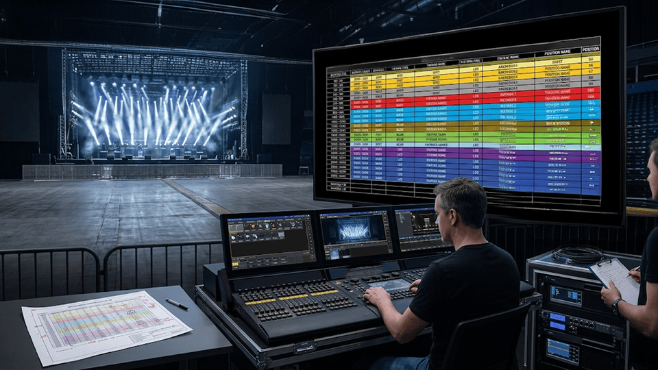Lighting console patch view showing DMX address layout