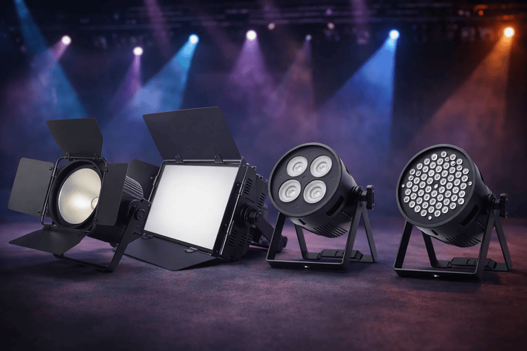 Beam light fixtures on a mid-size venue stage